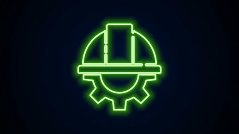 Glowing neon line Worker safety helmet and gear icon isolated on black Stock Footage 142173266