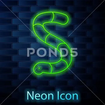 Glowing neon line Fishing hook and worm icon isolated on brick
