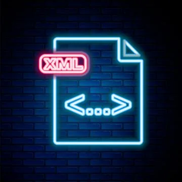 Glowing neon line XML file document. Download xml button icon isolated on brick Illustrazione stock