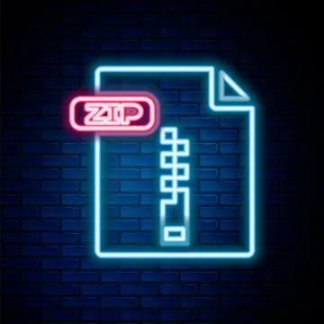 Glowing neon line ZIP file document. Download zip button icon isolated on b.. Stock Illustration