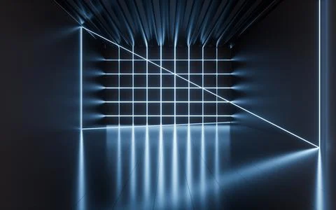 Glowing neon lines and randomly arranged cubes in the dark room, 3d rendering Stock Illustration