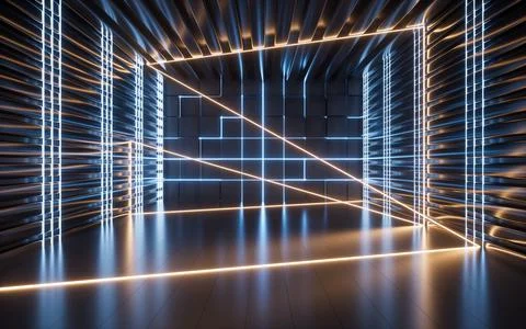 Glowing neon lines and randomly arranged cubes in the dark room, 3d rendering Stock Illustration