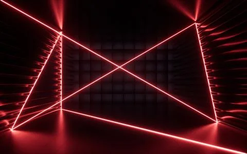 Glowing neon lines and randomly arranged cubes in the dark room, 3d rendering Stock Illustration