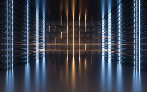 Glowing neon lines and randomly arranged cubes in the dark room, 3d rendering Stock Illustration