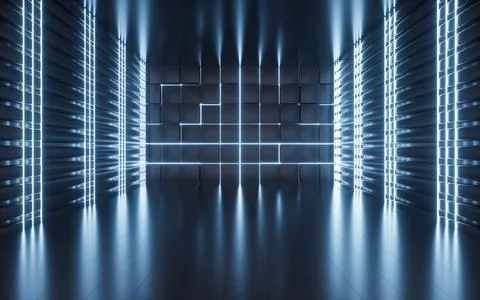 Glowing neon lines and randomly arranged cubes in the dark room, 3d rendering Stock Illustration