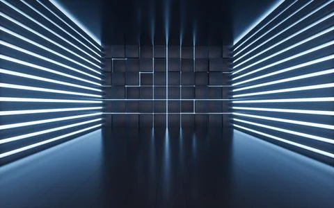 Glowing neon lines and randomly arranged cubes in the dark room, 3d rendering Stock Illustration