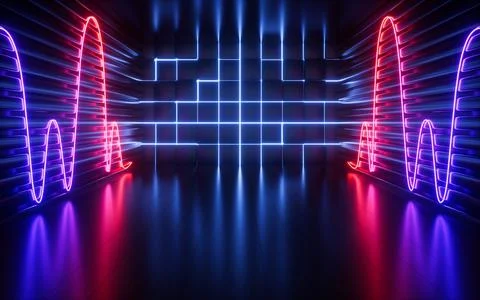 Glowing neon lines and randomly arranged cubes in the dark room, 3d rendering Stock Illustration