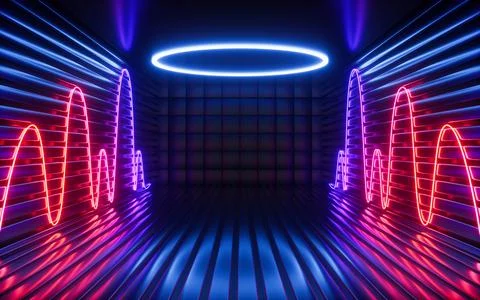 Glowing neon lines and randomly arranged cubes in the dark room, 3d rendering Stock Illustration