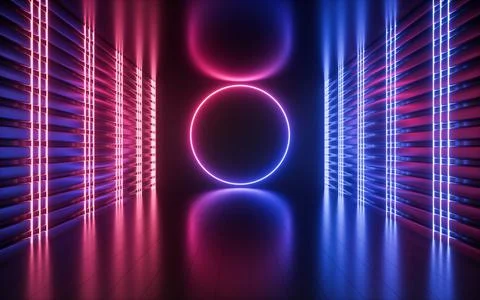 Glowing neon lines and randomly arranged cubes in the dark room, 3d rendering Stock Illustration