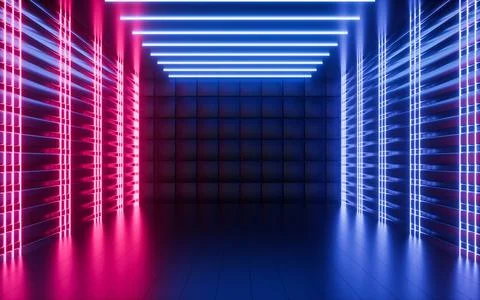 Glowing neon lines and randomly arranged cubes in the dark room, 3d rendering Stock Illustration