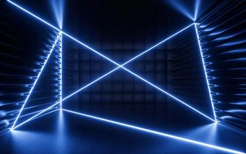 Glowing neon lines and randomly arranged cubes in the dark room, 3d rendering Stock Illustration