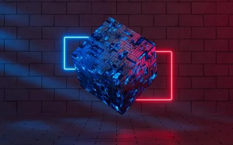 Glowing neon lines with cubic material, 3d rendering. Ilustración de archivo