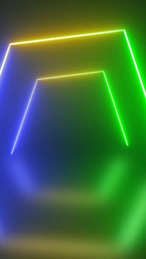 Glowing neon lines form an angular geometric frame over a blurred green and.. Video stock 331121089