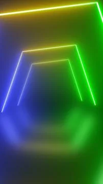 Glowing neon lines form an angular geometric frame over a blurred green and.. 库存插图