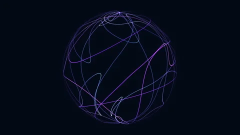 Glowing neon lines forming abstract digital globe on dark background for tech Stockbeeldmateriaal 334138447