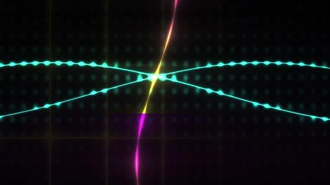 Glowing neon lines intersecting on black background with grid pattern. Stockbeeldmateriaal 336699815