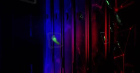 Glowing neon-lit server racks lighting data center corridor, floating icons Stock Photos