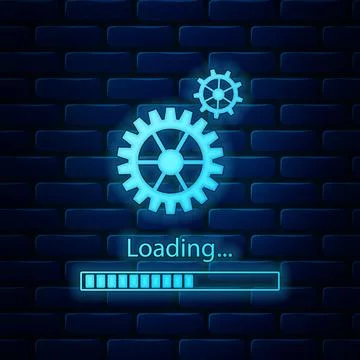 Glowing neon Loading and gear icon isolated on brick wall background. Progress Stock Illustration