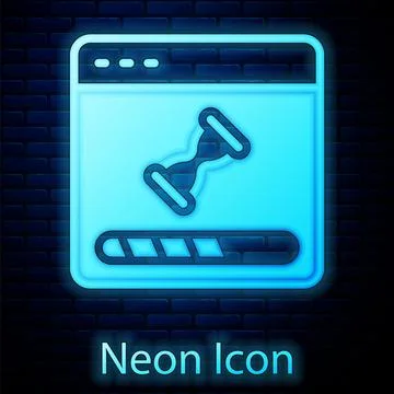 Glowing neon Loading a data window with a progress bar icon isolated on brick Illustrazione stock