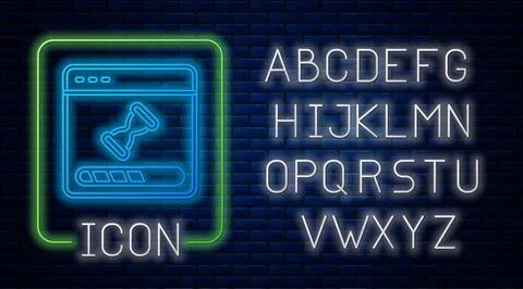 Glowing neon Loading a data window with a progress bar icon isolated on brick Illustrazione stock