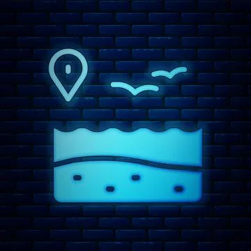 Glowing neon Location with beach icon isolated on brick wall background Stock Illustration
