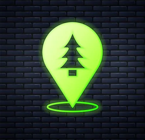 Glowing neon Location of the forest on a map icon isolated on brick wall Stock Illustration