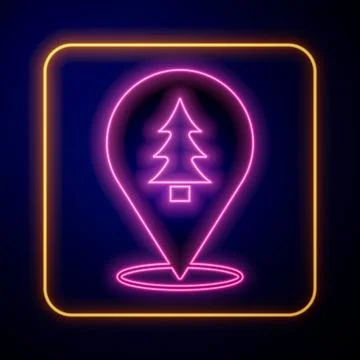 Glowing neon Location of the forest on a map icon isolated on black background Stock Illustration