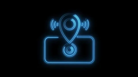 Glowing neon location pin on map with signal indicator technology animation Video stock 314542575