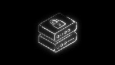 Glowing Neon Lock Icon on Stacked Data Drives Secure Digital Information Fu.. Stock Footage 314704770