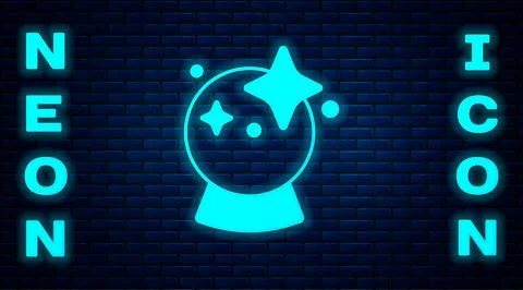 Glowing neon Magic ball icon isolated on brick wall background. Crystal bal.. Stock Illustration