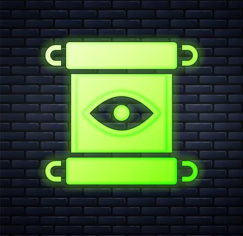 Glowing neon Magic scroll icon isolated on brick wall background. Decree, paper Illustrazione stock