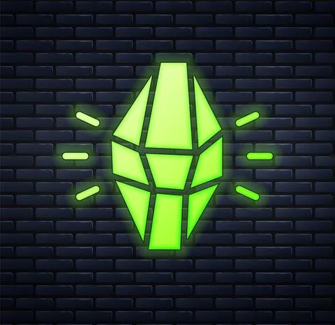 Glowing neon Magic stone icon isolated on brick wall background. Fantasy crystal イラスト素材