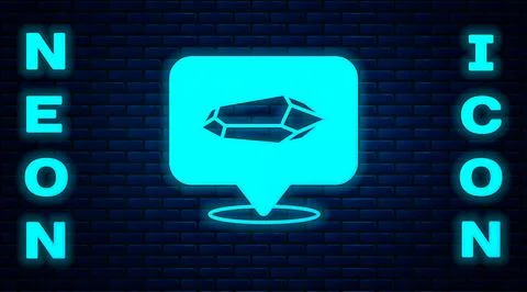 Glowing neon Magic stone icon isolated on brick wall background. Fantasy crys Stock Illustration