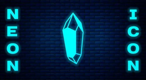 Glowing neon Magic stone icon isolated on brick wall background. Fantasy crystal Illustrazione stock