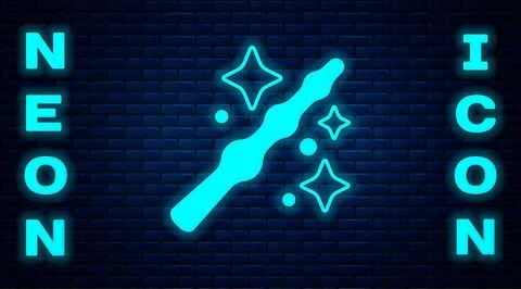 Glowing neon Magic wand icon isolated on brick wall background. Star shape .. Stock Illustration