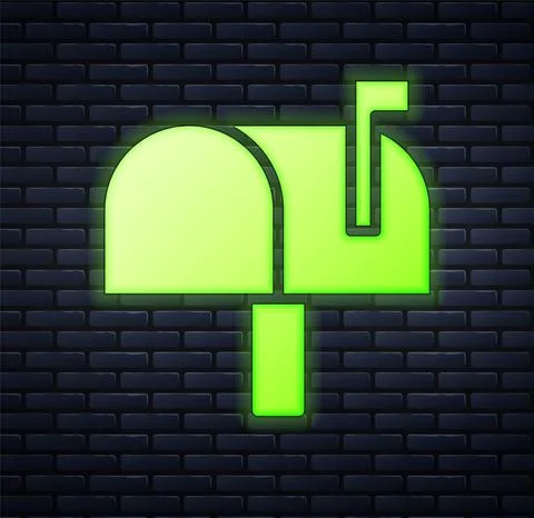Glowing neon Mail box icon isolated on brick wall background. Mailbox icon. Mail Stock Illustration