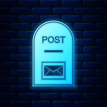 Glowing neon Mail box icon. Post box icon isolated on brick wall background Stock Illustration