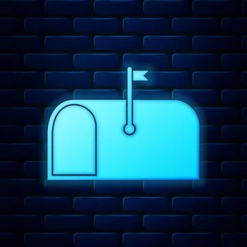 Glowing neon Mail box icon isolated on brick wall background. Mailbox icon. Mail Stock Illustration
