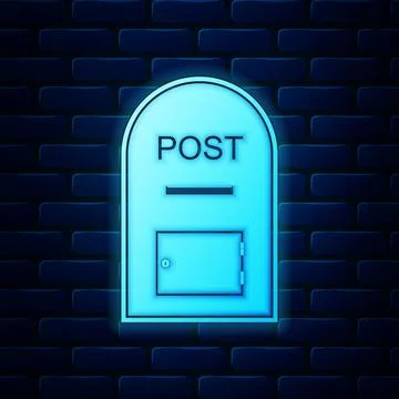 Glowing neon Mail box icon. Post box icon isolated on brick wall background Stock Illustration