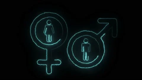 Glowing neon male symbol and blue neon female symbol on black background. Stock Footage