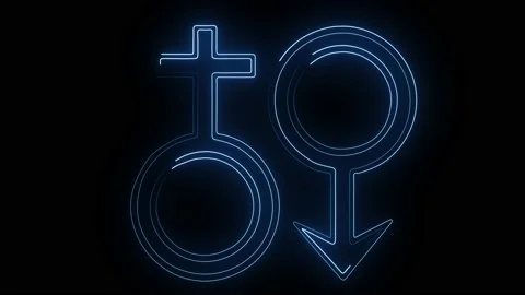Glowing neon male symbol and blue neon female symbol on black background. Stock Footage