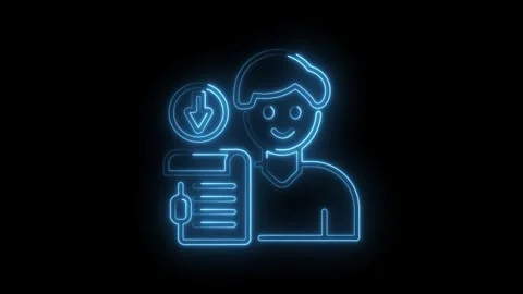 Glowing neon man holds document with download arrow on black background ani.. Stock Footage 345986200
