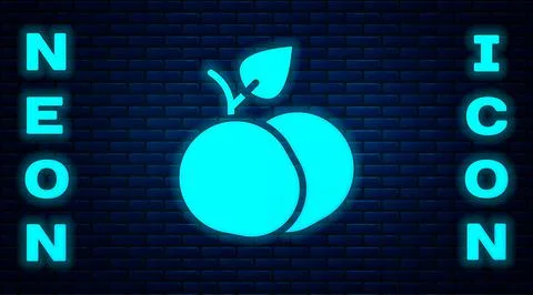 Glowing neon Mango fruit icon isolated on brick wall background. Vector Stock Illustration