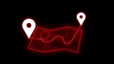 Glowing neon map icon and path location pin and folded map outline with wav.. Stock Footage 334764729
