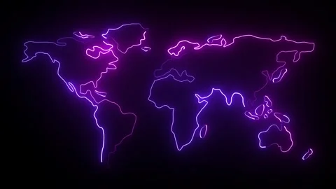 Glowing neon map outline animation, purple digital earth silhouette on blac.. Video stock 334701104