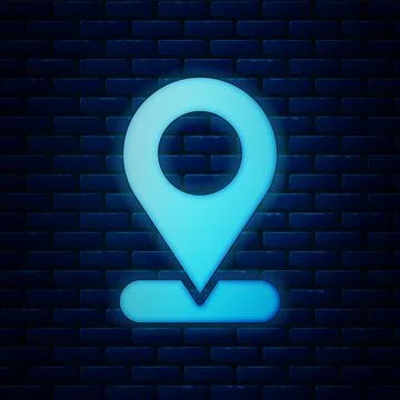Glowing neon Map pin icon isolated on brick wall background. Navigation, pointer Stock Illustration
