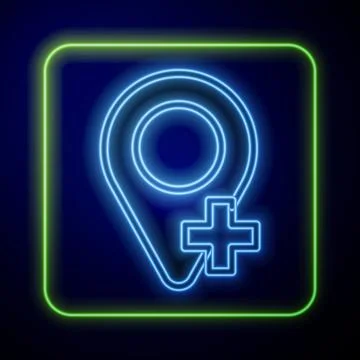 Glowing neon Map pin icon isolated on blue background. Navigation, pointer,.. Stockillustratie
