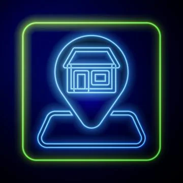 Glowing neon Map pin with Shopping building or market store icon isolated on Ilustración de archivo