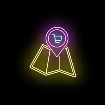 Glowing neon map pin showing shopping mall location Stock Illustration