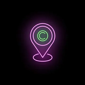 Glowing neon map pin showing copyright symbol Иллюстрация
